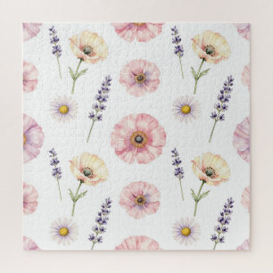 Pinkfarbene Mohn-Lavendel-Margerite Wasserfarbe-Fl
