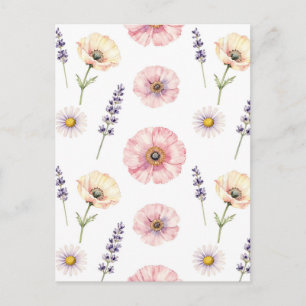 Pinkfarbene Mohn-Lavendel-Margerite Wasserfarben-B Postkarte