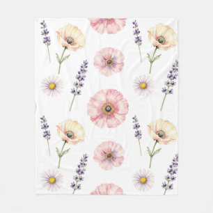 Pinkfarbene Mohn-Lavendel-Wasserfarben-Blumen Fleecedecke