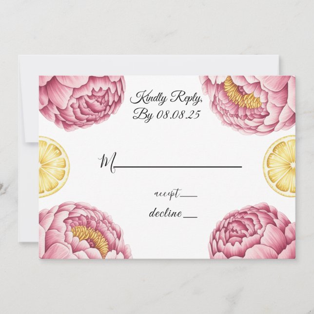 Pinkfarbene Peonies und Lemon Wedding RSVP Cards Einladung (Vorderseite)