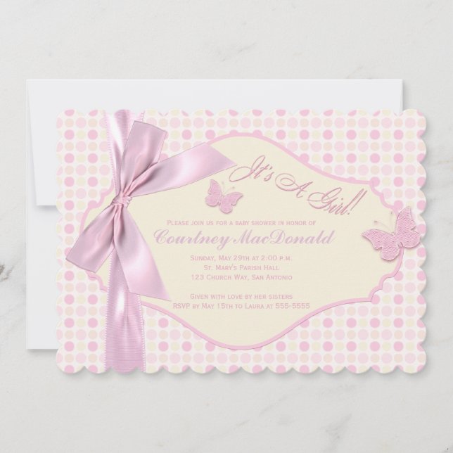 Pinkfarbene Polka-Dots-Babydusche mit DRUCKBOW/Rib Einladung (Vorderseite)