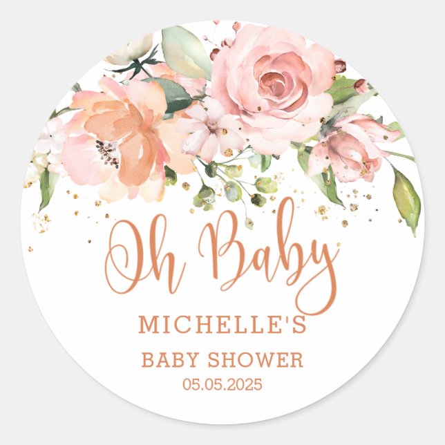 Pinkfarbene Rose, Konfetti Babydusche Runder Aufkleber (Vorderseite)