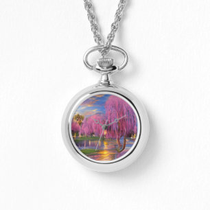 Pinkfarbene Weidenbäume bei Sonnenuntergang am Tei Armbanduhr