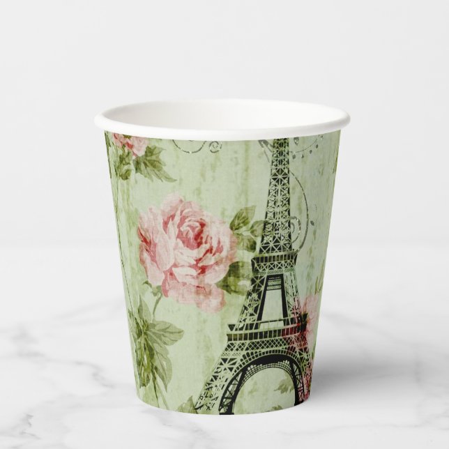 Pinkfarbener Eiffelturm mit zauberhaftem Frühling Pappbecher (Vorderseite)