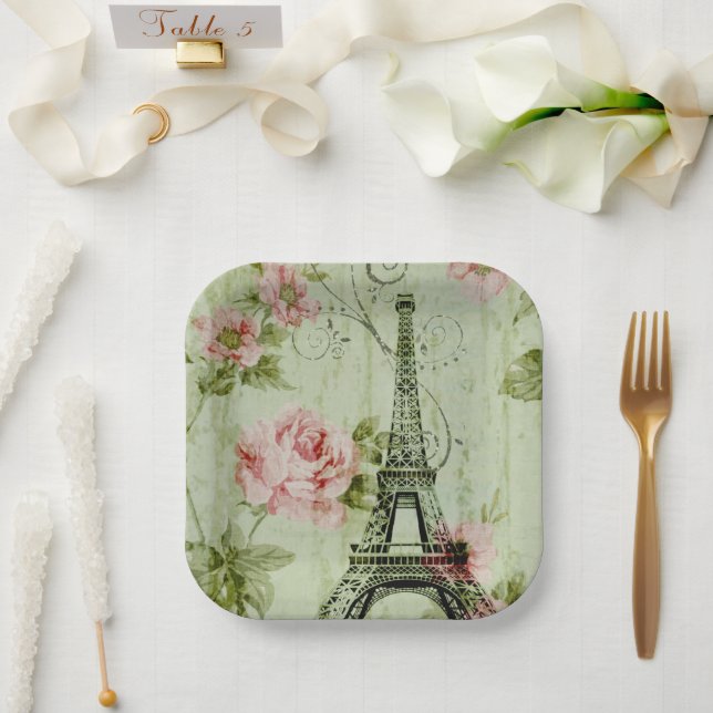 Pinkfarbener Eiffelturm mit zauberhaftem Frühling Pappteller (Hochzeit)