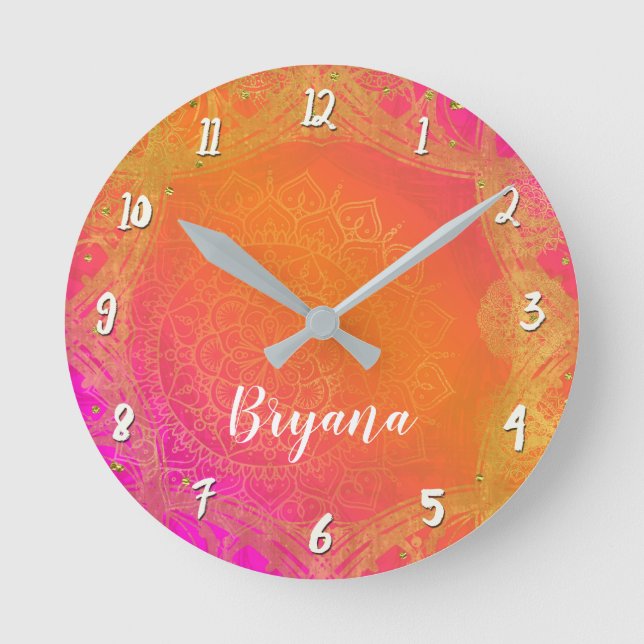 Pinkfarbener rosa Orangen-u. Goldindischer Runde Wanduhr (Vorderseite)