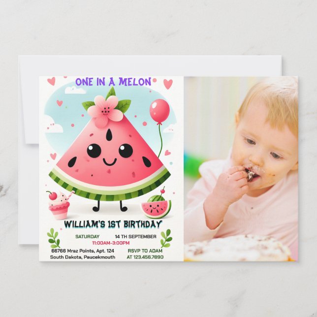 pinkfarbener Sommer eins in einer Melone ersten Ge Einladung (Vorderseite)