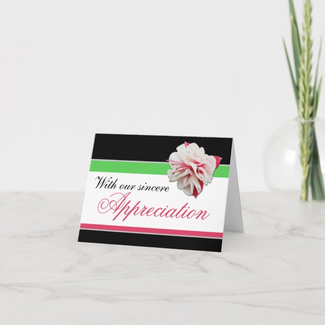 Pinkfarbenes Blumen-Rosa, Grün u. Schwarzes danken Dankeskarte (Vorderseite)