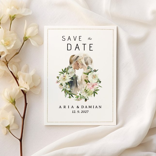Pinkfarbenes Blumenpaar Save the Date Foto Einladung (Mint pink white floral couple photo Save the Date)