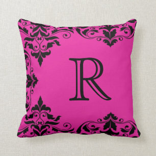 Pinkfarbenes u. schwarzes Monogramm-Damast-Kissen Kissen
