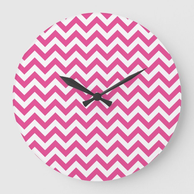 Pinkfarbenes weißes Zickzack Muster Große Wanduhr (Vorderseite)