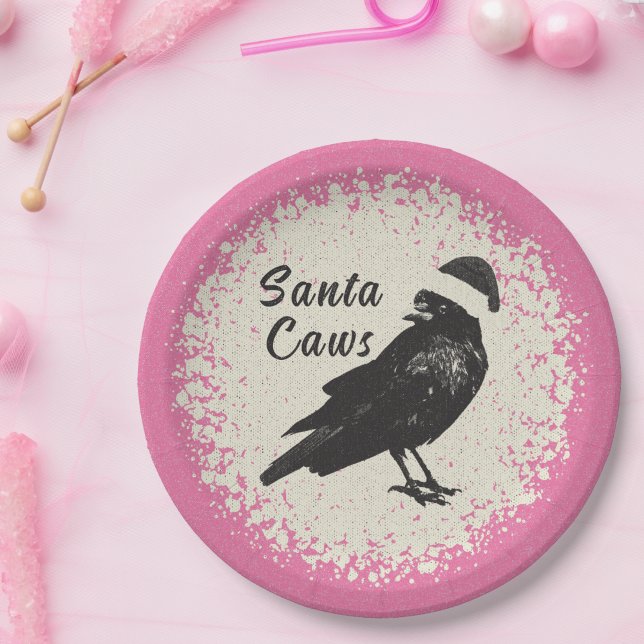 Pinkmas Crow Santa Pink Black and Ivory Christmas Pappteller (Fun pink, ivory, and black "Santa Caws" plates are great for your holiday time or Pinkmas party. )