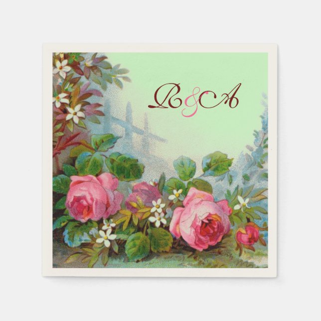 PINKROSEN, JASMINEN BLUMENBREITE MONOGRAM Aquamari Serviette (Vorderseite)