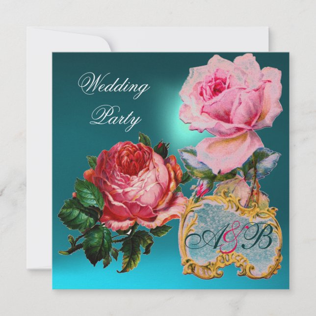 PINKROSEN, KUPIDLEITENDES BLUE WEDING MONOGRAM EINLADUNG (Vorderseite)