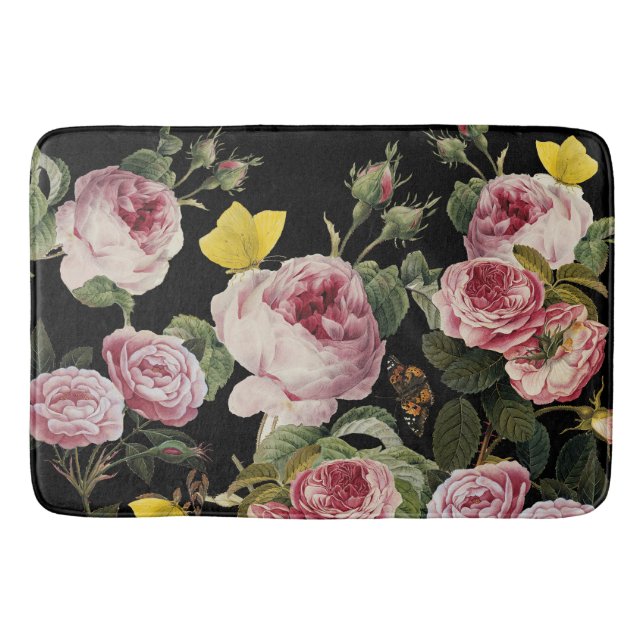 PINKROSEN UND GELBE SCHALTFLÄCHEN Schwarze Blüte Badematte (Vorderseite)