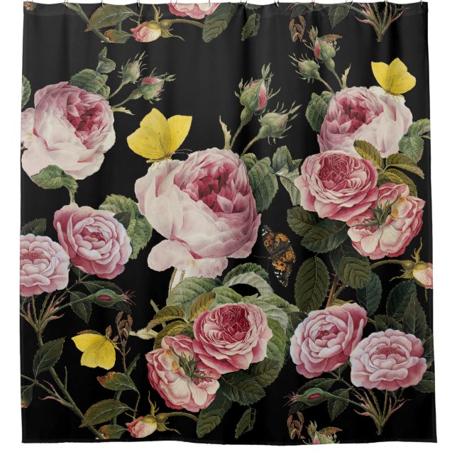 PINKROSEN UND GELBE SCHALTFLÄCHEN Schwarze Blüte Duschvorhang (Vorderseite)