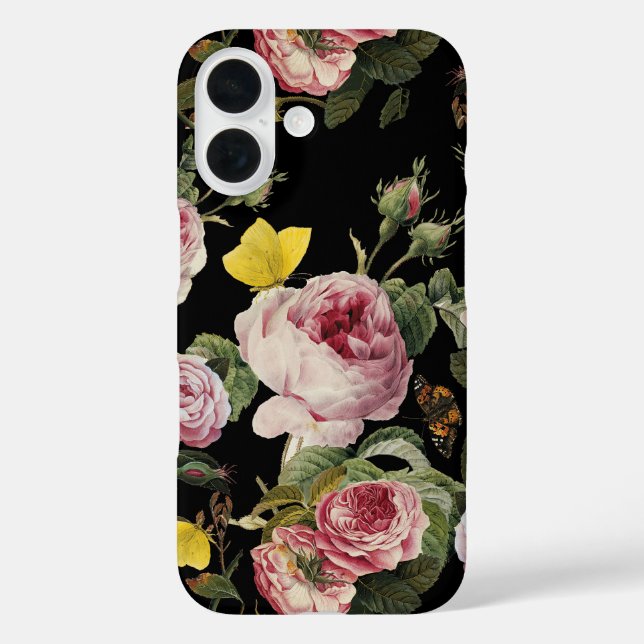 PINKROSEN UND GELBE SCHALTFLÄCHEN Schwarze Blüte iPhone 16 Hülle (Rückseite)