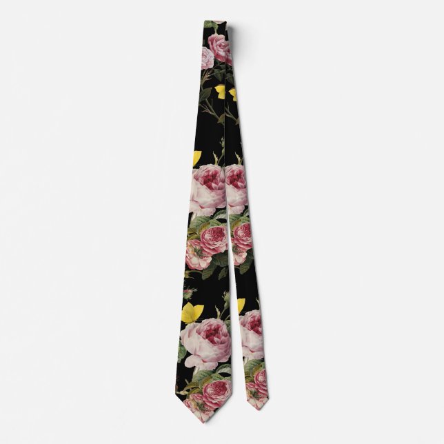 PINKROSEN UND GELBE SCHALTFLÄCHEN Schwarze Blüte Krawatte (Vorderseite)