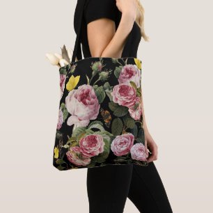 PINKROSEN UND GELBE SCHALTFLÄCHEN Schwarze Blüte Tasche