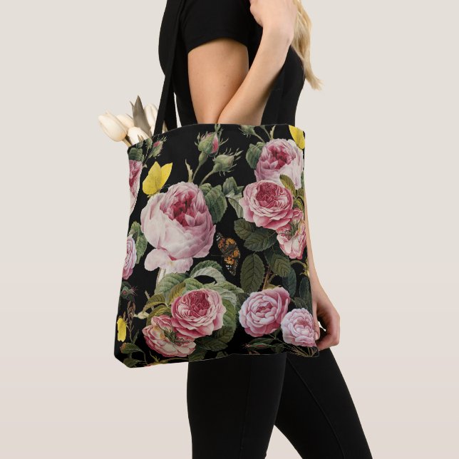 PINKROSEN UND GELBE SCHALTFLÄCHEN Schwarze Blüte Tasche (Von Nahem)