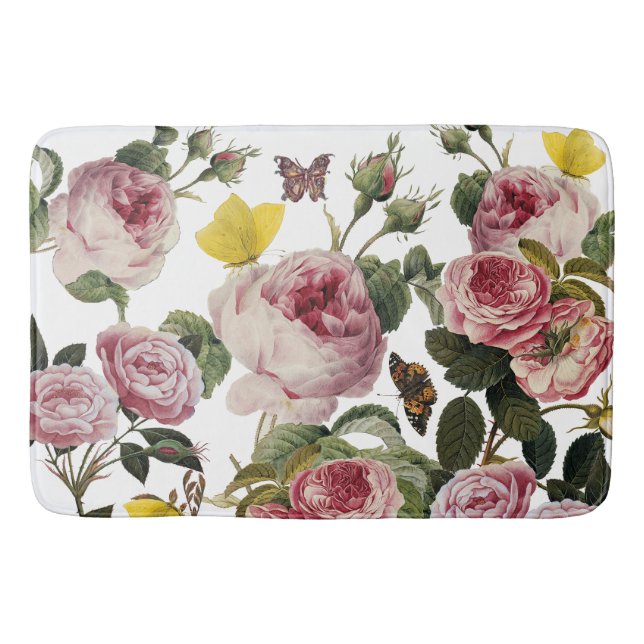 PINKROSEN UND GELBEN SCHALTFLÄDEN Weiße Blüte Badematte (Vorderseite)