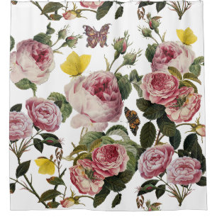 PINKROSEN UND GELBEN SCHALTFLÄDEN Weiße Blüte Duschvorhang