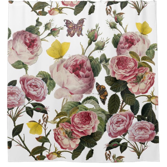 PINKROSEN UND GELBEN SCHALTFLÄDEN Weiße Blüte Duschvorhang (Vorderseite)