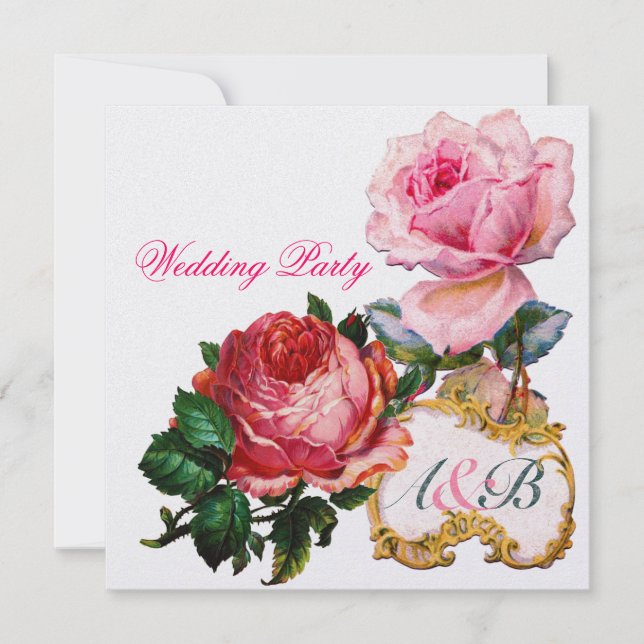 PINKROSEN UND SCHNITTLICHES HERZWÄSCHMONOGRAMM EINLADUNG (Vorderseite)