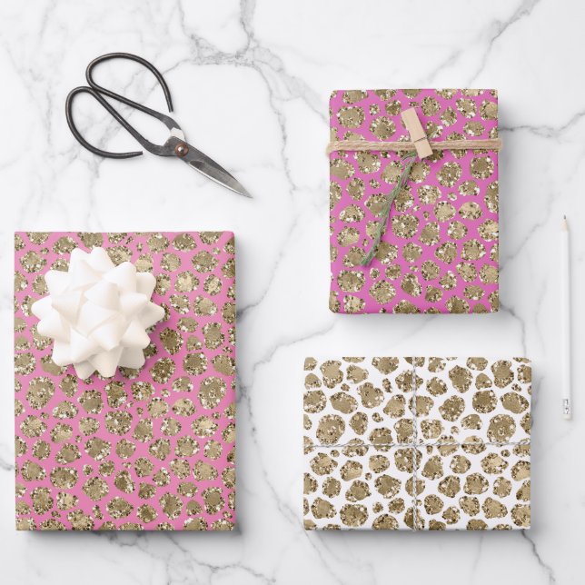 Pinks Gold Glam Glitzer Leopard Geschenkpapier Set (Vorderseite)