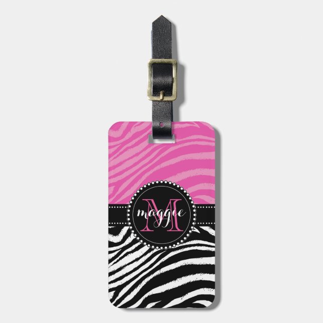 Pinku. Schwarzeszebra-Druck-Monogramm girly2 Gepäckanhänger (Vorderseite vertikal)