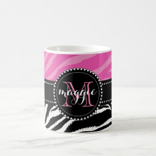 Pinku. Schwarzeszebra-Druck-Monogramm girly Kaffeetasse