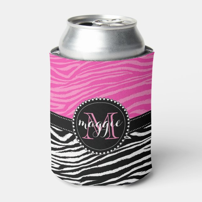 Pinku. Schwarzeszebra-Druck-Monogramm-Muster Dosenkühler (Kanne Vorderseite)