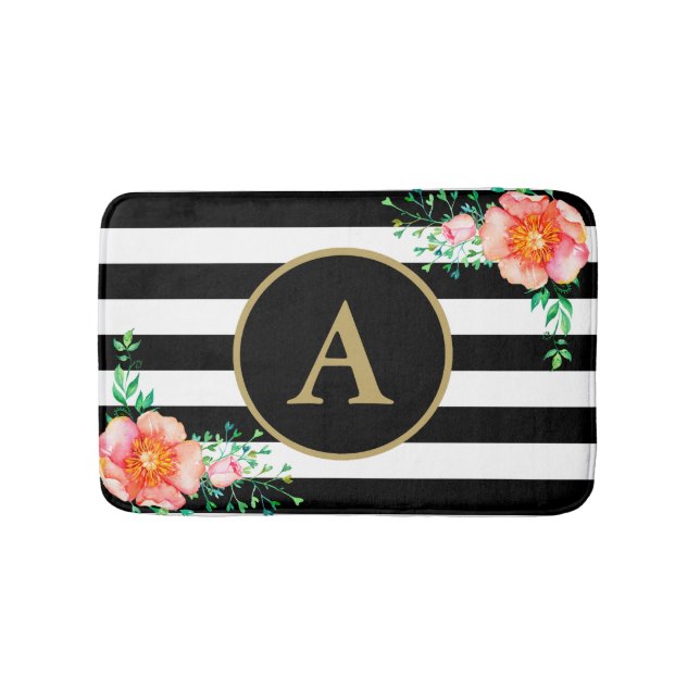 Pinl Floral Bold Schwarz-weiß Stripe Gold Monogram Badematte (Vorderseite)