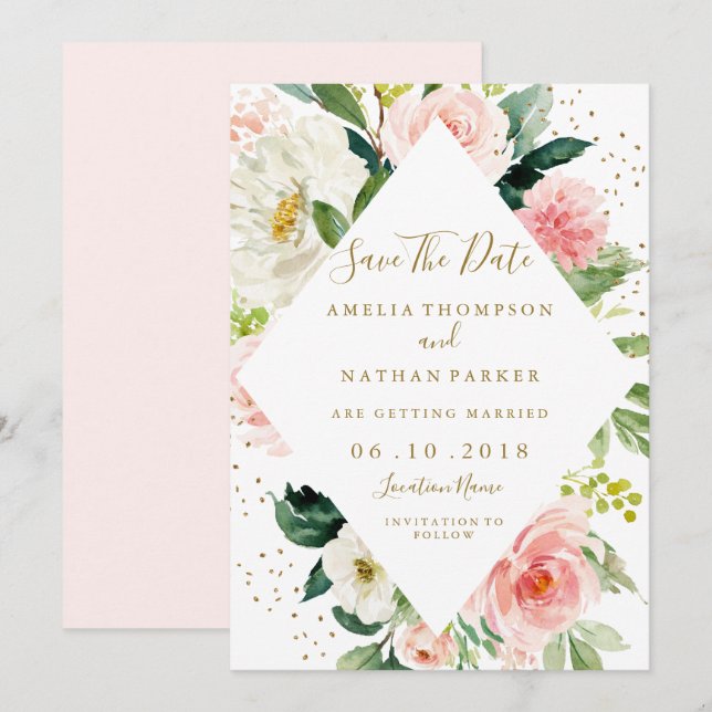 Pinorgeometrisch rosa Rosa Save the Date Gold Einladung (Vorne/Hinten)