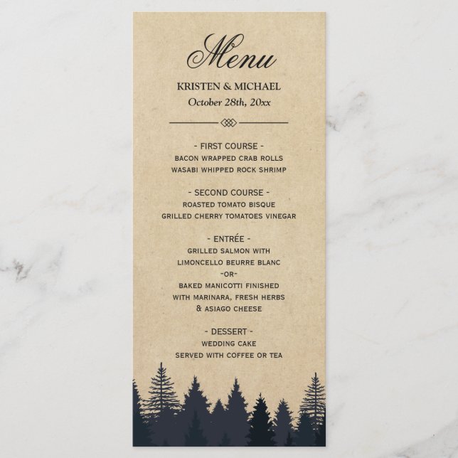 Pins Rustiques Kraft Menu de mariage hivernal (Devant)
