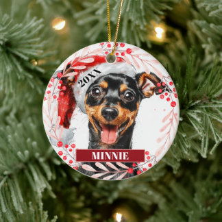 Pinscher nain avec chapeau de Père Noël Ornement d