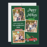 Pinsel für Skripte Band Vintag Red Truck Feiertagskarte<br><div class="desc">Moderne Brush Script Happy Holidays 3 Foto Collage Holiday Card beinhaltet Craft Tape und Watercolor Vintag Red Truck mit Weihnachtsbaum. Grüner Hintergrund des Waldes.</div>