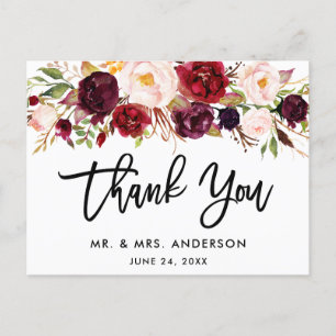 Pinsel Schrift Burgunder Blumen Hochzeit Danke Postkarte
