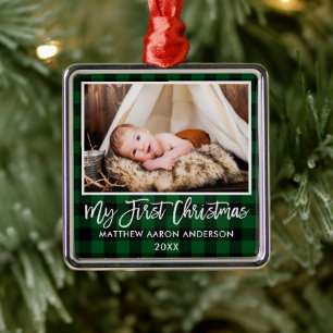 Pinsel Schrift Grün Kariert Baby Erstes Weihnachte Ornament Aus Metall