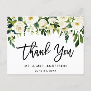 Pinsel Schrift Grün Weiß Florale Hochzeit Danke Postkarte