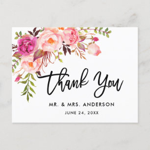 Pinsel Schrift Rosa Florale Hochzeits-Dankeschön Postkarte