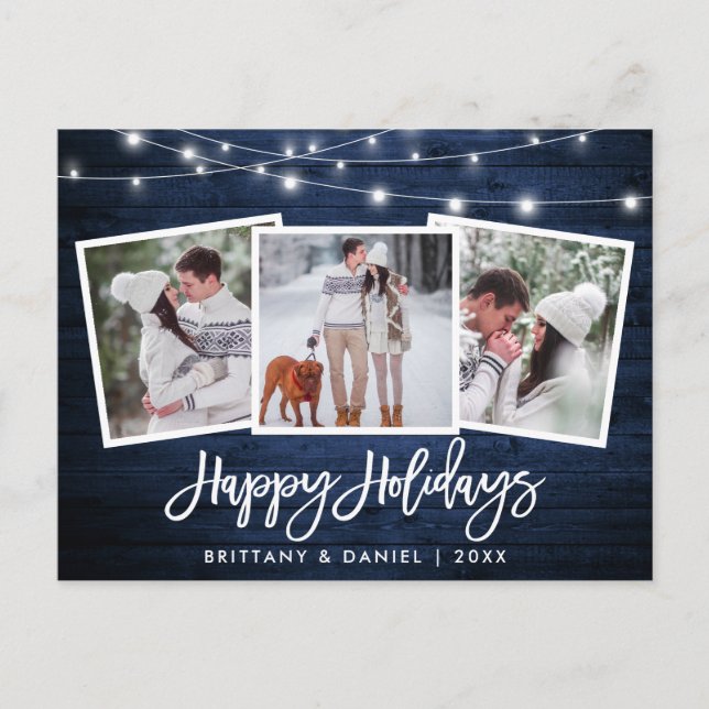 Pinsel Script Blue Wood Lights 3 Foto Holiday Postkarte (Vorderseite)