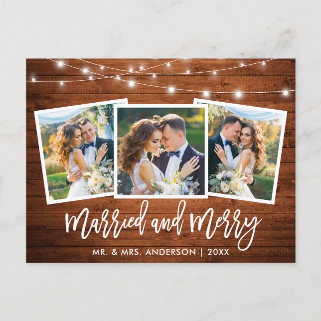 Pinsel Script Wood Lights 3 Foto Verheiratet Merry Postkarte (Vorderseite)