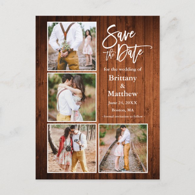 Pinsel Script Wood Save the Date Paar 4 Foto Postkarte (Vorderseite)