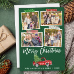 Pinsel Skript Craft Tape Weihnachts Red Truck Feiertagskarte<br><div class="desc">Modernes Pinselskript Frohe Weihnachten 4 Foto Collage Urlaubskarte beinhaltet Handwerk Tape und Vintager Wasserfarbenroter LKW mit Weihnachtsbaum. Grüner Hintergrund des Waldes.</div>
