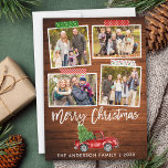 Pinsel Skriptfahrzeug Tape Woodweihnachtrucker Feiertagskarte<br><div class="desc">Modernes Pinselskript Frohe Weihnachten 4 Foto Collage Urlaubskarte beinhaltet Handwerk Tape und Vintager Wasserfarbenroter LKW mit Weihnachtsbaum. Rustikales Landholz.</div>