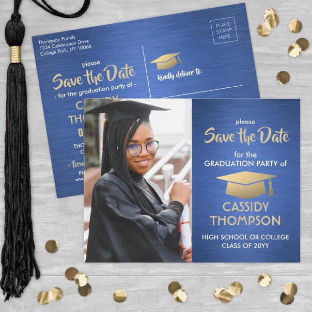Pinselblau und Gold Abschluss Foto Save the Date Postkarte (Von Creator hochgeladen)
