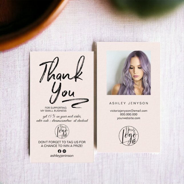 Pinselpinsel Foto Logo-Reihenfolge Danke Visitenkarte (Blush brushed script photo logo order thank you business card)