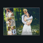 Pinselschrift 4 Foto Rette Neues Datum Postkarte<br><div class="desc">Modernes Pinselskript Rette Neudatum Hochzeit verschoben Neuen Hochzeitstag Paar 4 FotoCollage Postkarte</div>