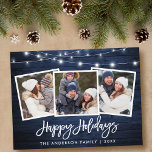 Pinselschrift Blue Wood Lights Holiday 3 Foto Postkarte<br><div class="desc">Rustikales blaues Holz Pinselschrift 3 Foto Familienfeiertag Postkarte mit String Lights</div>